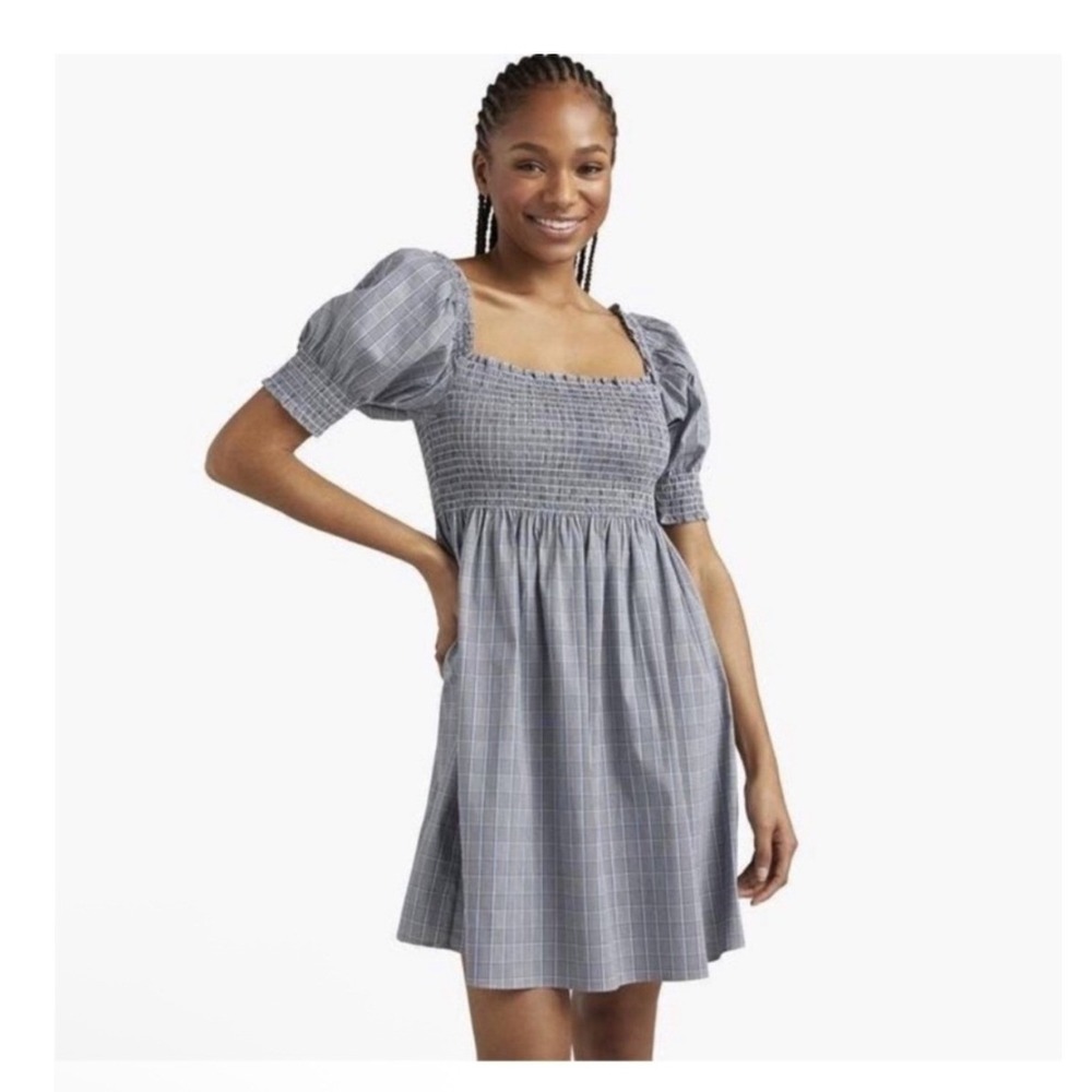 Hill House Home The Athena Nap Dress Blue Grey Plaid Smocked Mini Dress XS - Picture 2 of 9